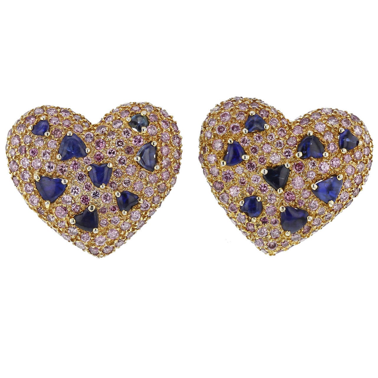 1980s Tiffany & Co. Pink Diamond Sapphire Gold Platinum Heart Earclips For Sale