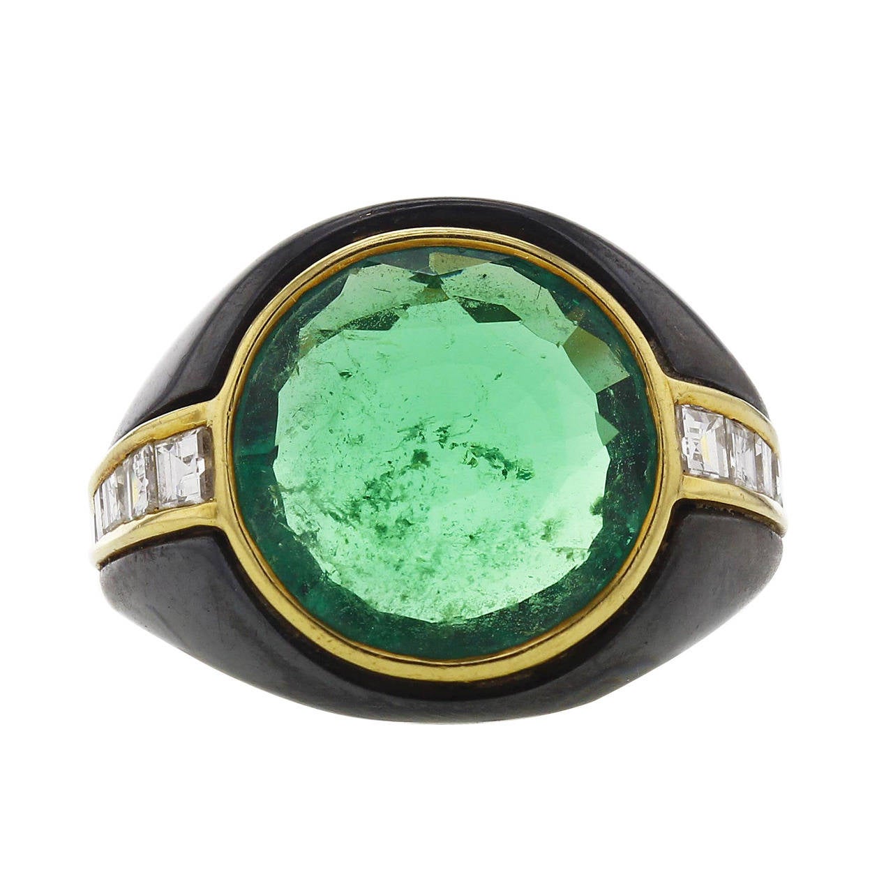 1980s Bulgari Round Emerald Diamond Gold Cocktail Ring For Sale