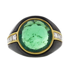 1980s Bulgari Round Emerald Diamond Gold Cocktail Ring