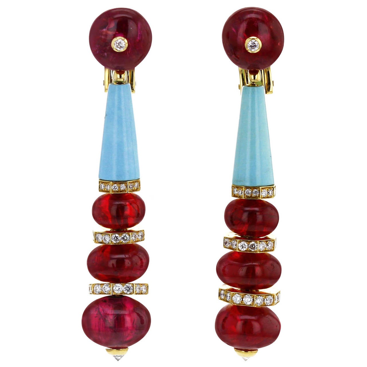 1960s Bulgari 18k Gold, Spinel, Turquoise and Diamond Earrings For Sale