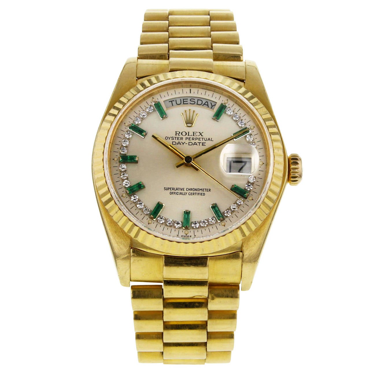 Rolex Yellow Gold Diamond Emerald Indexes Day Date Wristwatch Ref 18038 at  1stDibs | emerald rolex, rolex day date emerald, emerald day date