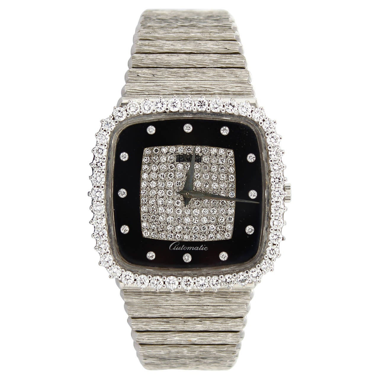 1970s Piaget White Gold, White Diamonds Bezel and Onyx Dial Watch