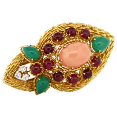 1970s Boucheron Oval Pink Coral Emerald Ruby Gold Cocktail Ring