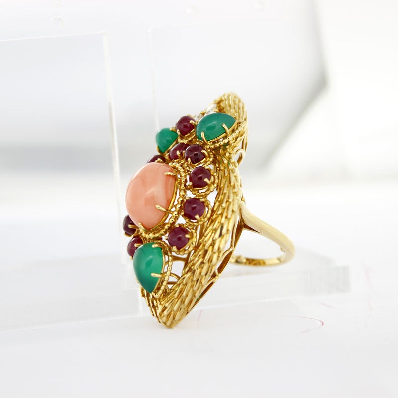 1970s Boucheron Oval Pink Coral Emerald Ruby Gold Cocktail Ring