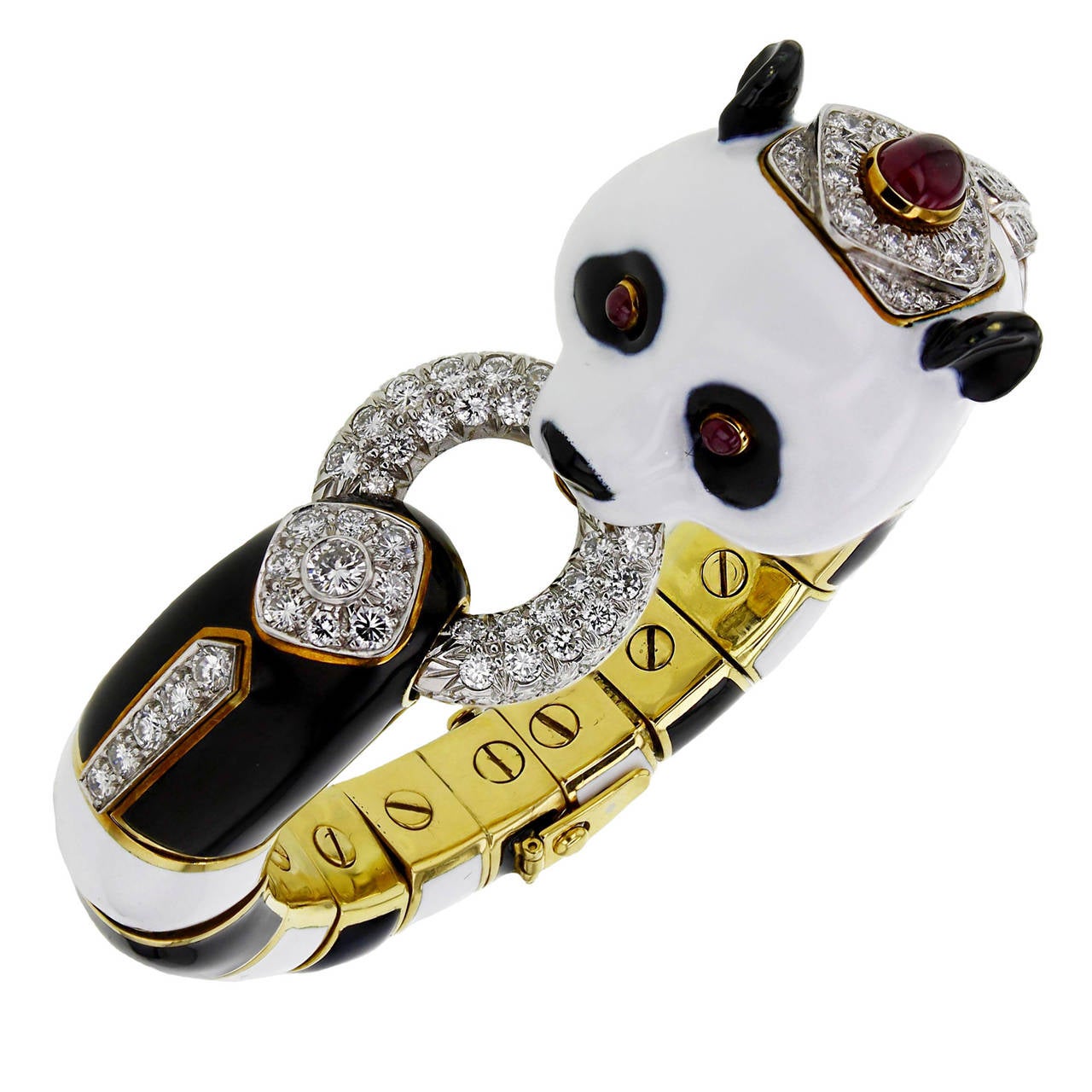 1970s David Webb Enamel Ruby Diamond Gold Panda Bracelet For Sale