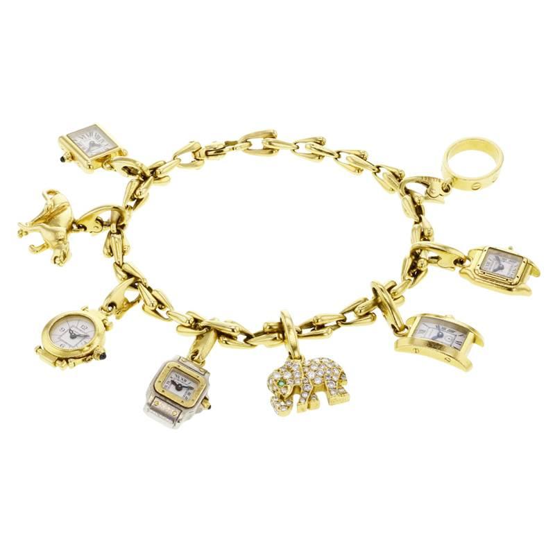 Cartier charms bracelet, mounted in yellow gold with diamonds. Each charm representing an emblematic figure of the brand and as the watches, panther, love bracelet. Circa 1980's end. 