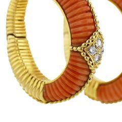 1970s Van Cleef & Arpels Coral Diamond gold Hoop Earrings