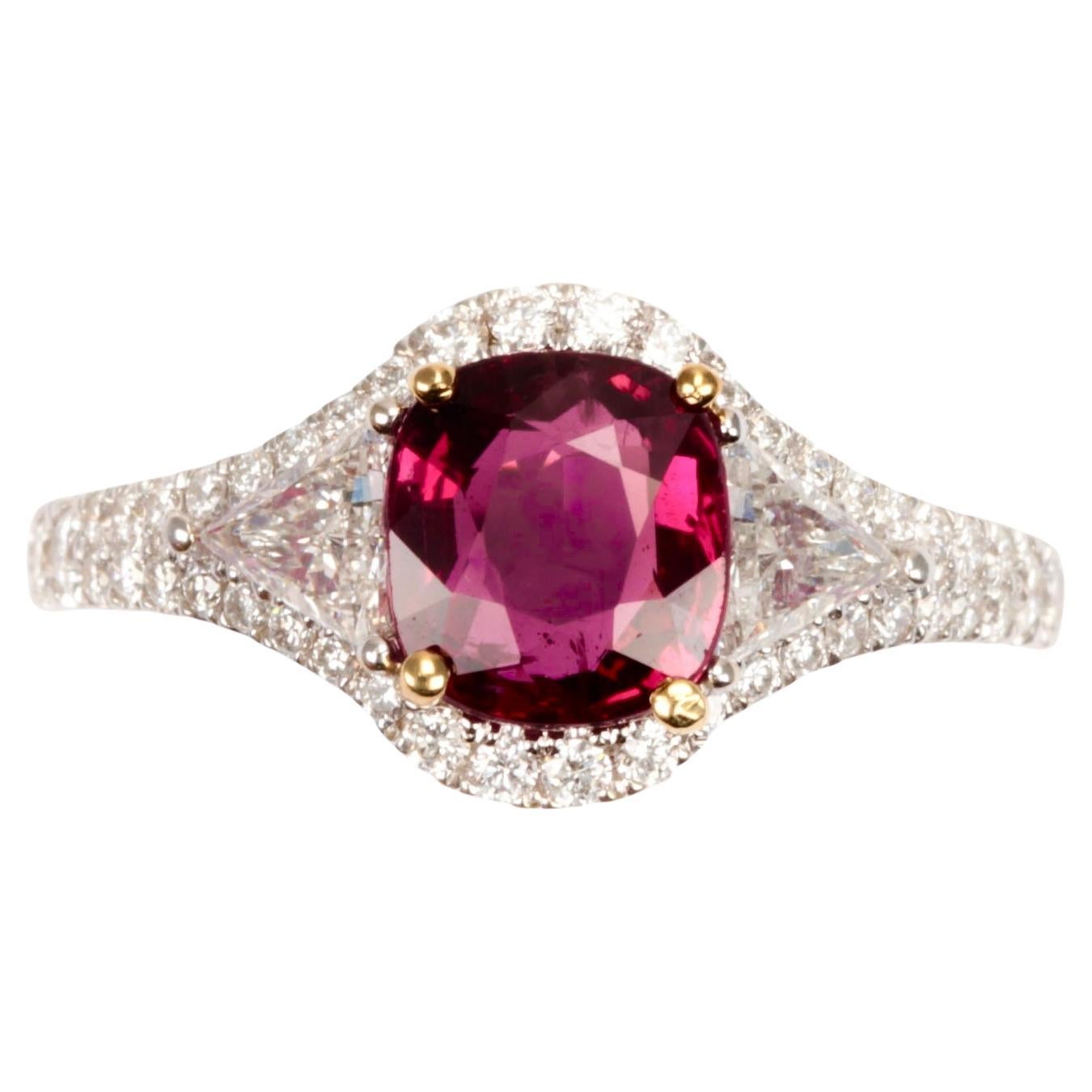 2.02 Carat Unheated Intense Red Cushion Natural Ruby 'Mozambique' Ring Certified For Sale