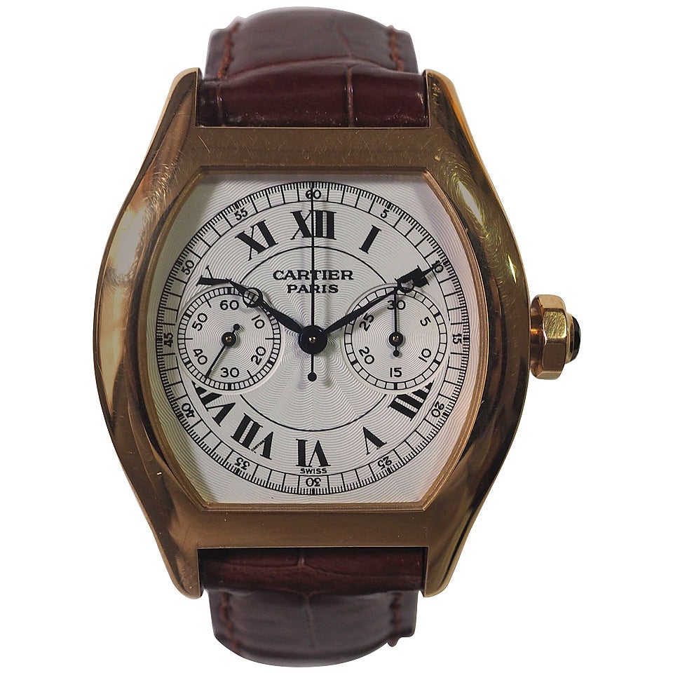 Cartier Yellow Gold Tortue Chronograph Monopoussoir Manual Wind Wristwatch For Sale