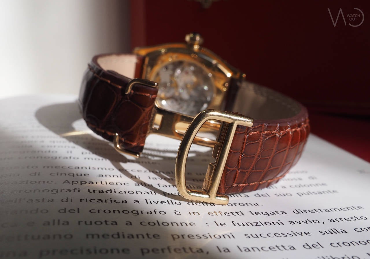 Cartier Yellow Gold Tortue Chronograph Monopoussoir Manual Wind Wristwatch In Excellent Condition For Sale In Bologna, IT