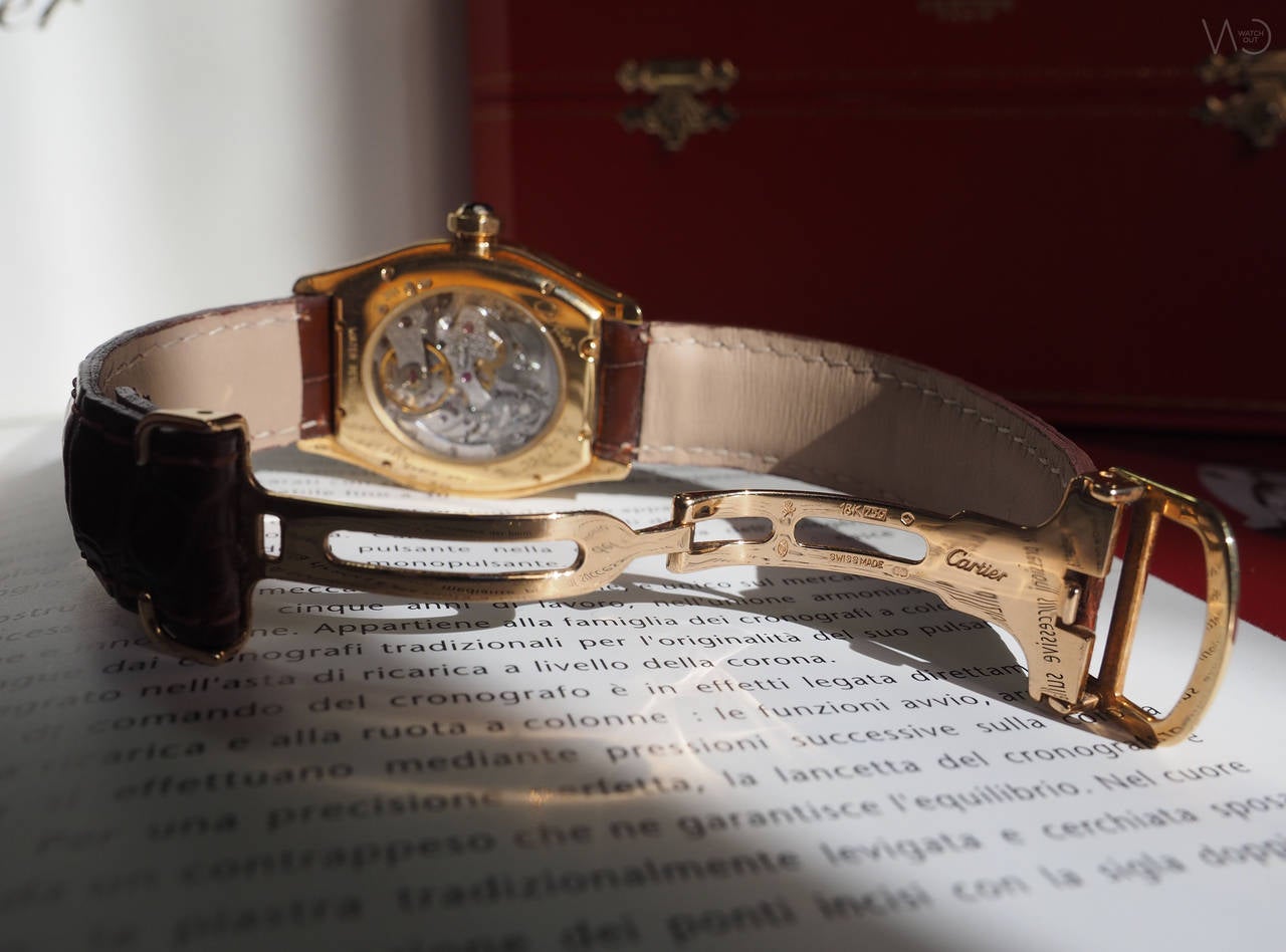 Women's or Men's Cartier Yellow Gold Tortue Chronograph Monopoussoir Manual Wind Wristwatch For Sale
