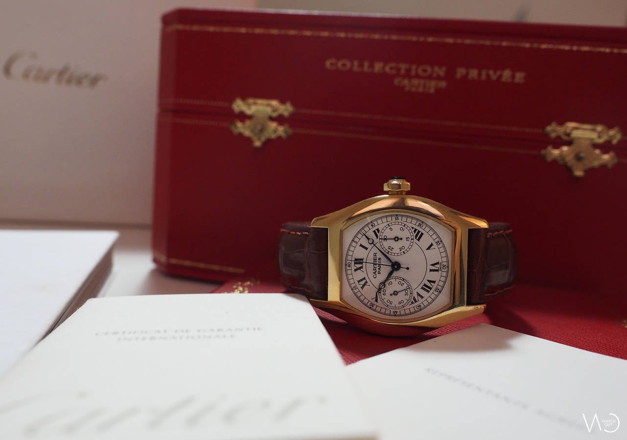 Cartier Yellow Gold Tortue Chronograph Monopoussoir Manual Wind Wristwatch For Sale 1