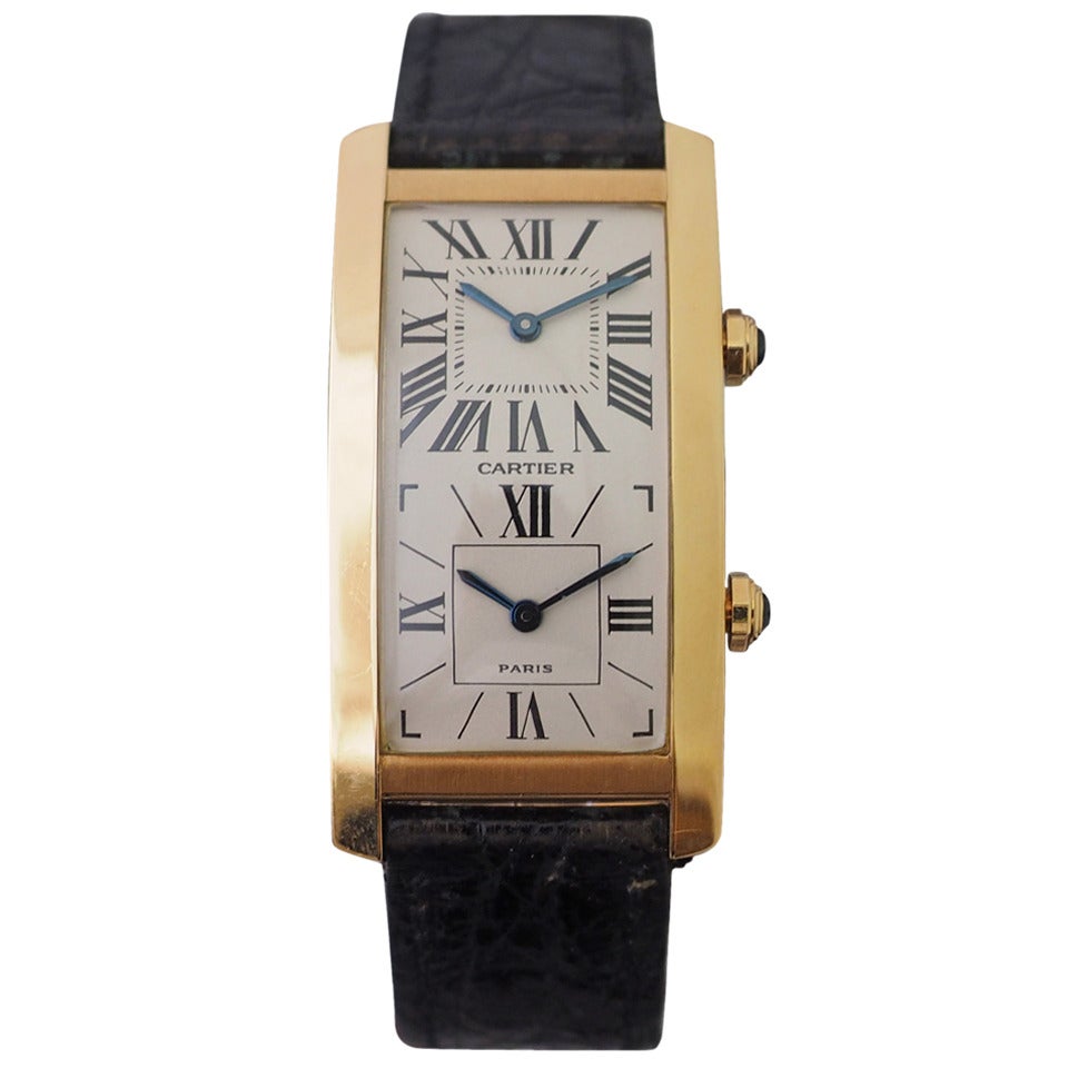 Cartier Yellow Gold Tank Cintrée Dual Time Zone Wristwatch For Sale