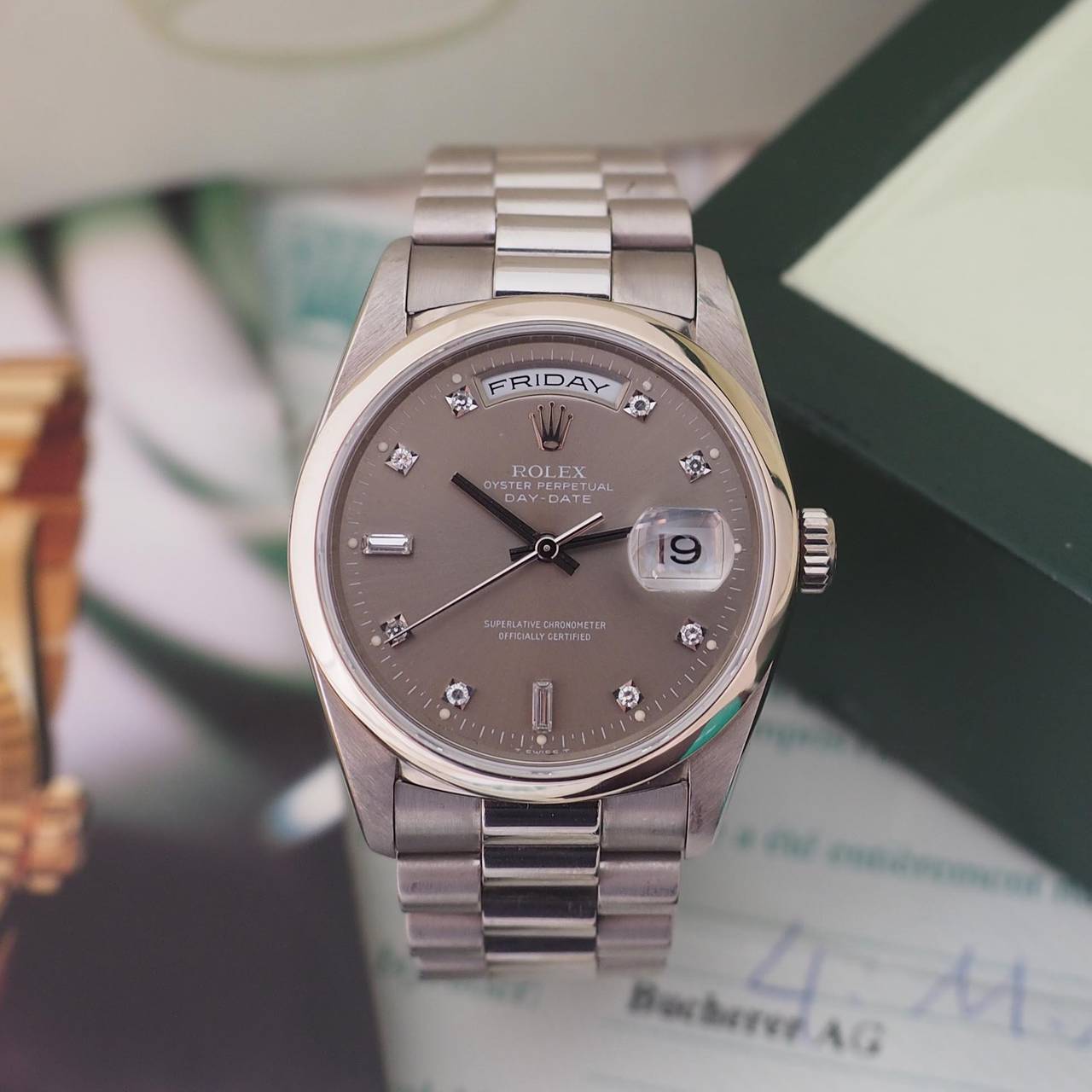 Rolex White Gold Day-Date Diamond Mink Dial Wristwatch Ref 18239