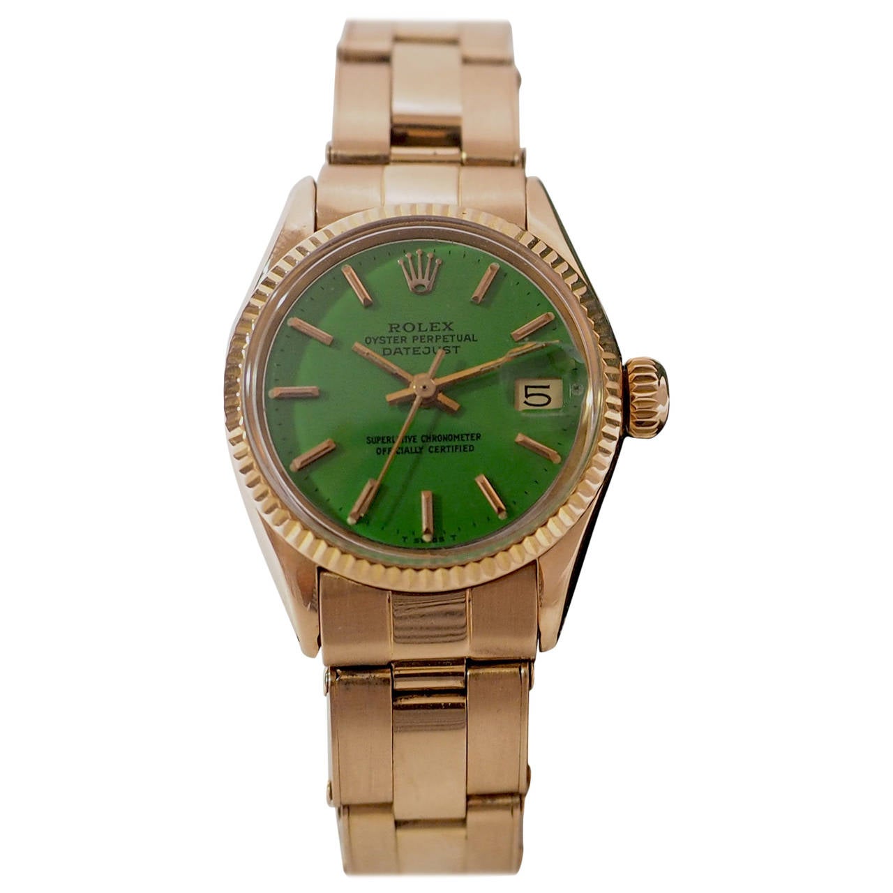 Rolex Rose Gold Green Stella Dial Datejust Automatic Wristwatch Ref 6517 For Sale