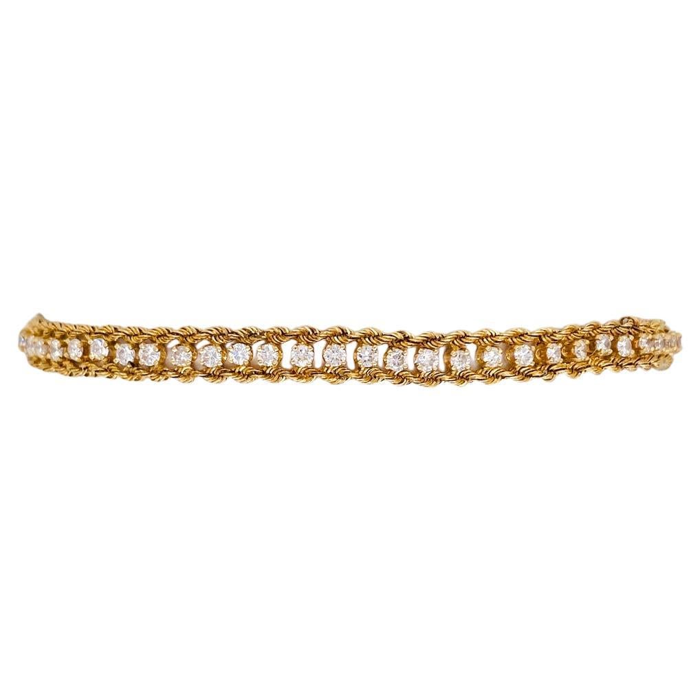 Diamond Tennis Bracelet w Rope Edge 1.5 Carat Total Weight Diamonds Yellow Gold For Sale