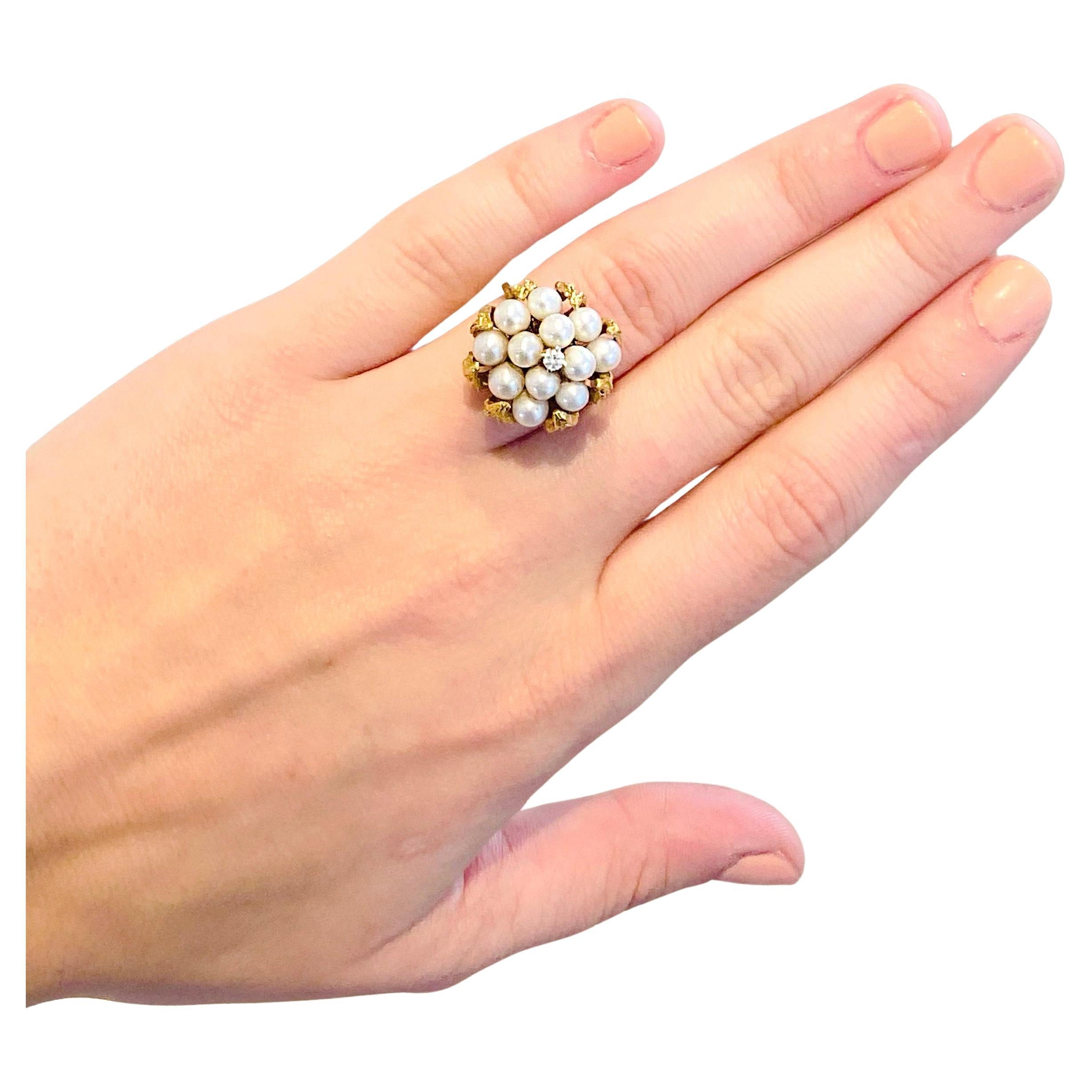 Akoya Pearl and Diamond Cluster Ring 18K Yellow Gold