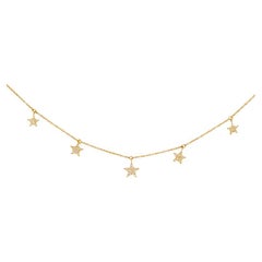 Diamond 5 Star Necklace Bolo Chain 14K Yellow Gold Five Pave Diamond Stars