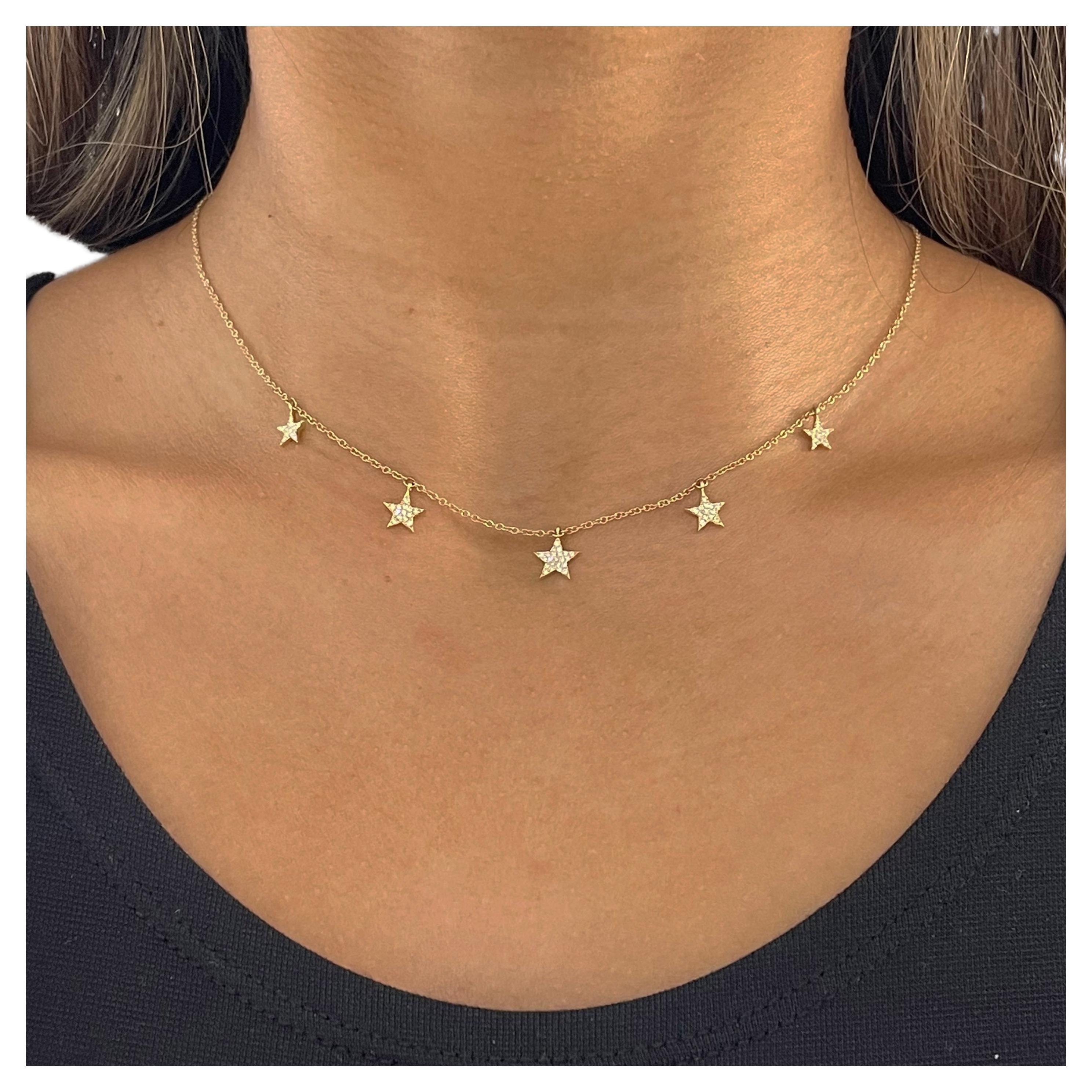 Diamond 5 Star Necklace Bolo Chain 14K Yellow Gold Five Pave Diamond Stars For Sale