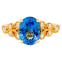 2 Carat Blue Zircon with Diamonds Nature-Inspired Ring in 14K Yellow Gold