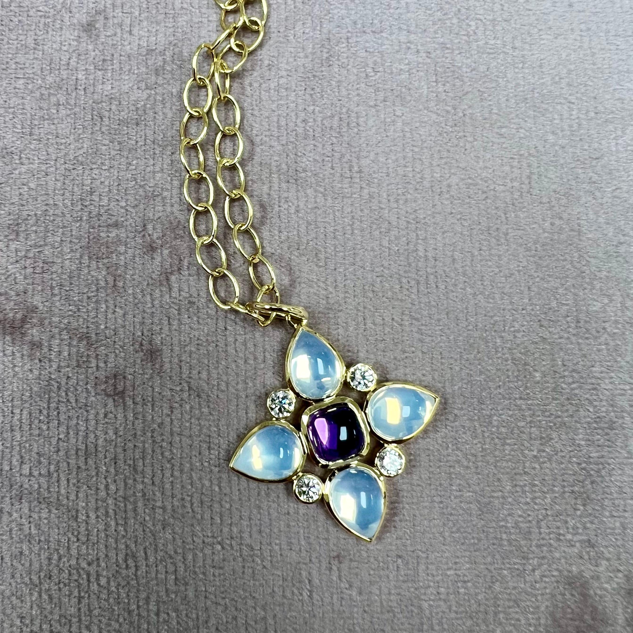 Contemporary Syna Yellow Gold Amethyst and Moon Quartz Flower Pendant with Diamonds For Sale