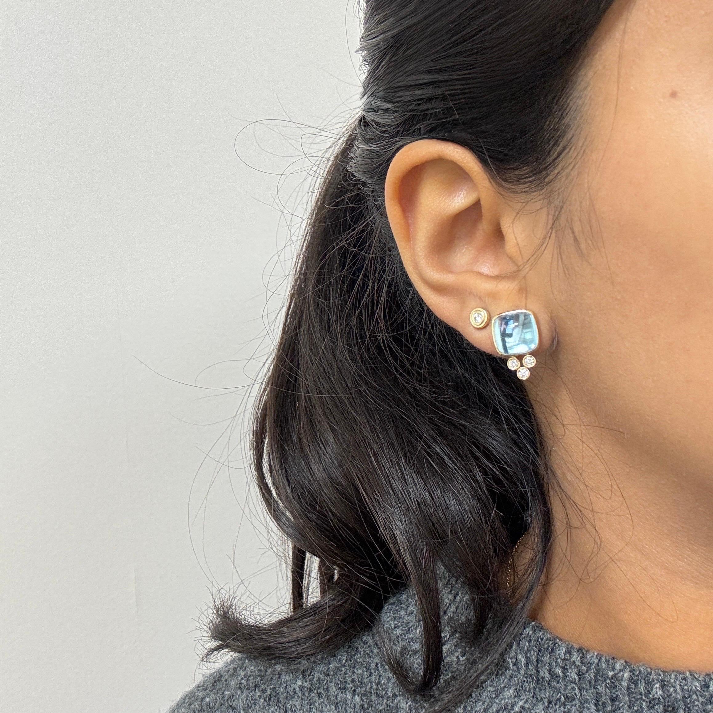 Contemporary Syna Yellow Gold Sugarloaf Blue Topaz and Diamonds Studs For Sale