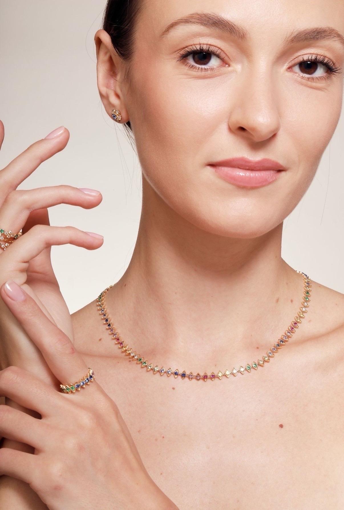 Syna Yellow Gold Evil Eye Necklace with Rainbow Sapphires, Emeralds and Diamonds Contemporáneo en venta