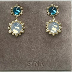 Pendientes Syna con topacio azul de Londres, cuarzo lunar y diamantes