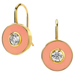 Syna Yellow Gold Champagne Diamond Coral Enamel Disc Earrings