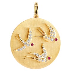 Syna Yellow Gold Flying Swallows Pendant with Rubies and Diamonds