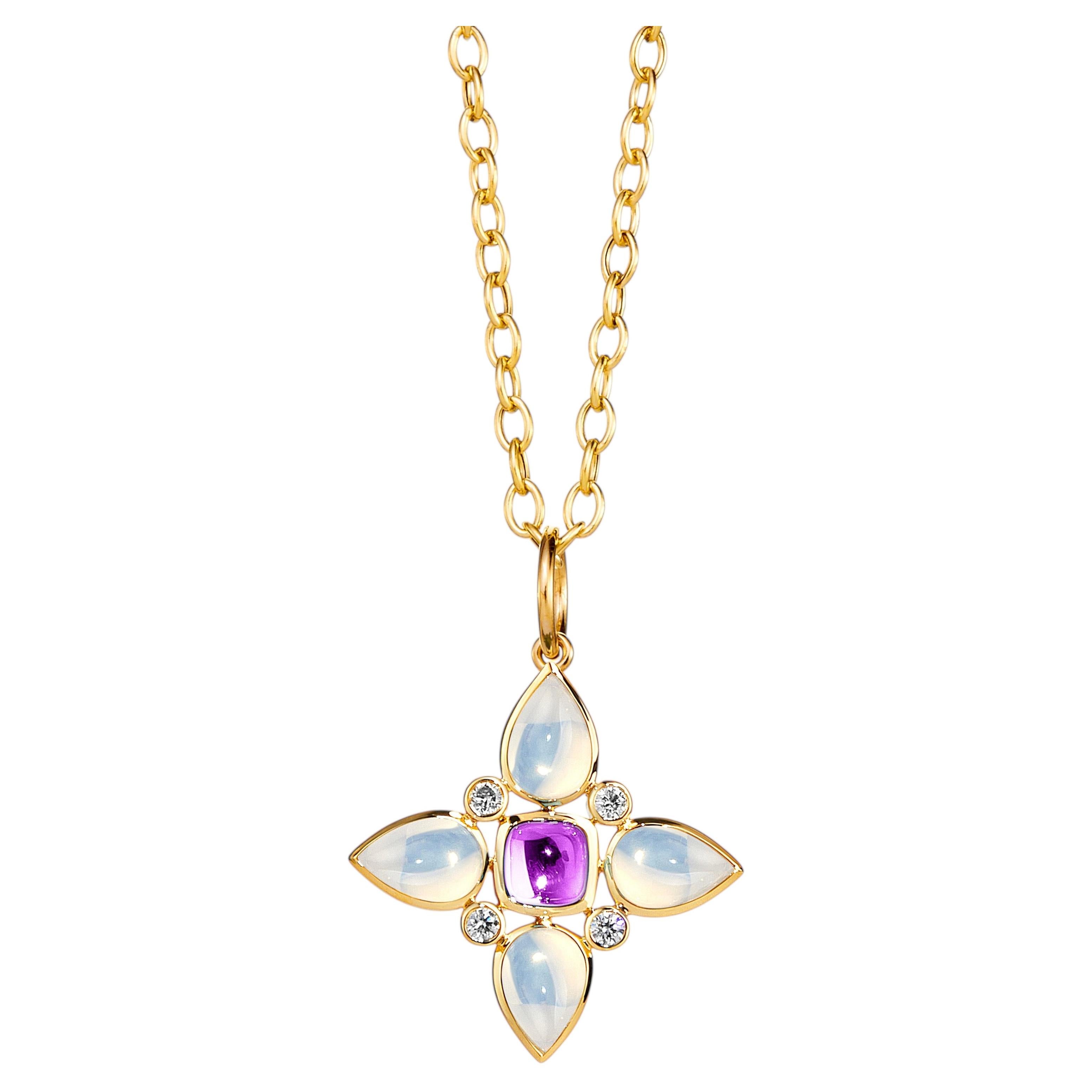 Pendentif fleur Syna en or jaune, améthyste et quartz de lune avec diamants