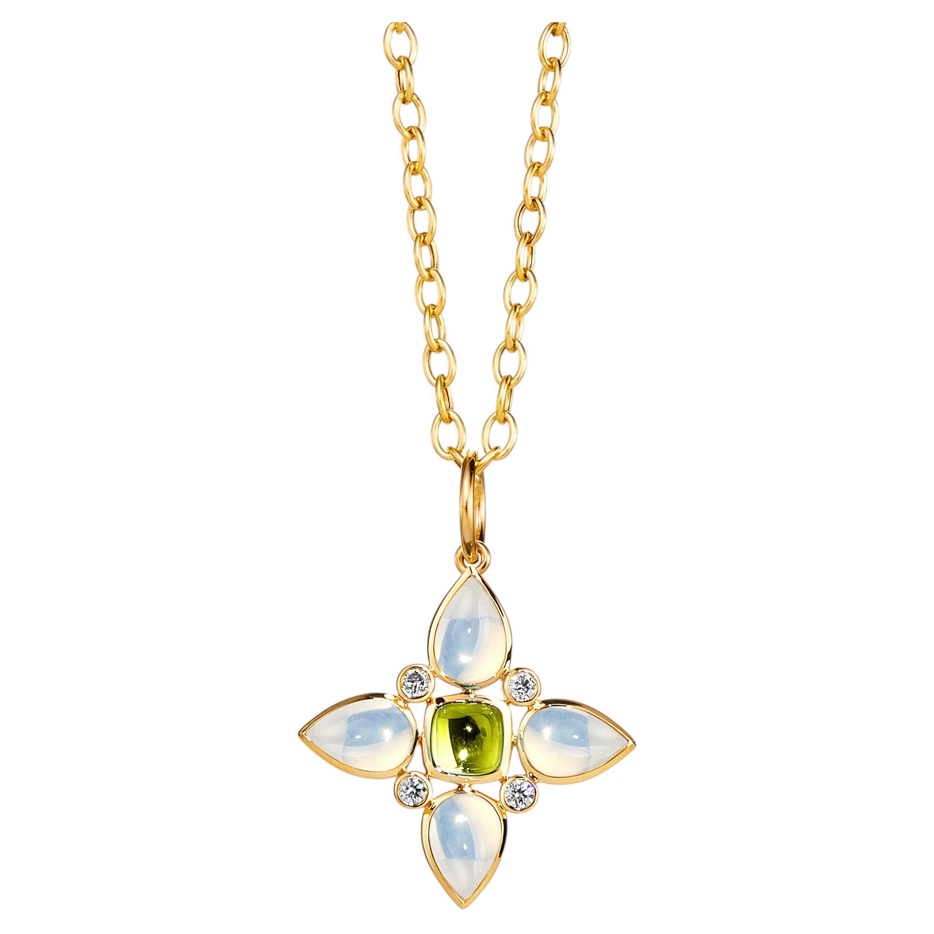 Pendentif fleur Syna en or jaune, péridot et quartz de lune avec diamants