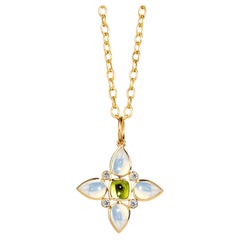 Syna Yellow Gold Peridot and Moon Quartz Flower Pendant with Diamonds