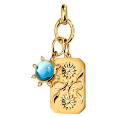 Syna Yellow Gold Blue Topaz Sun Charm and Sunflower Dog Tag with Diamonds