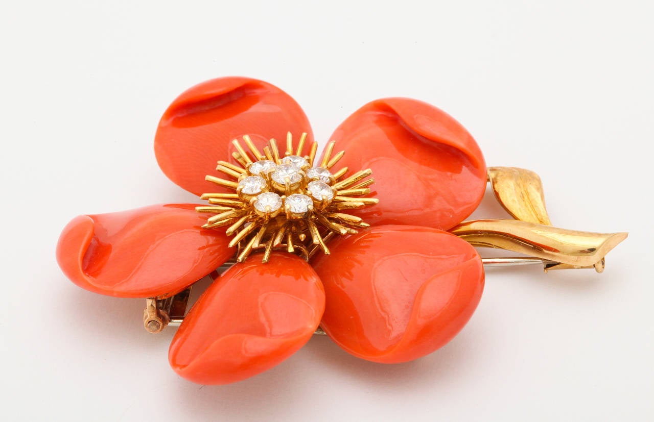 Iconic Van Cleef & Arpels featuring the most beautiful vibrant, orange coral.  Due to the scarcity of this wonderful material, this brooch is destined to become a true collector's item.  Made in France and fully hallmarked, signed and numbered.