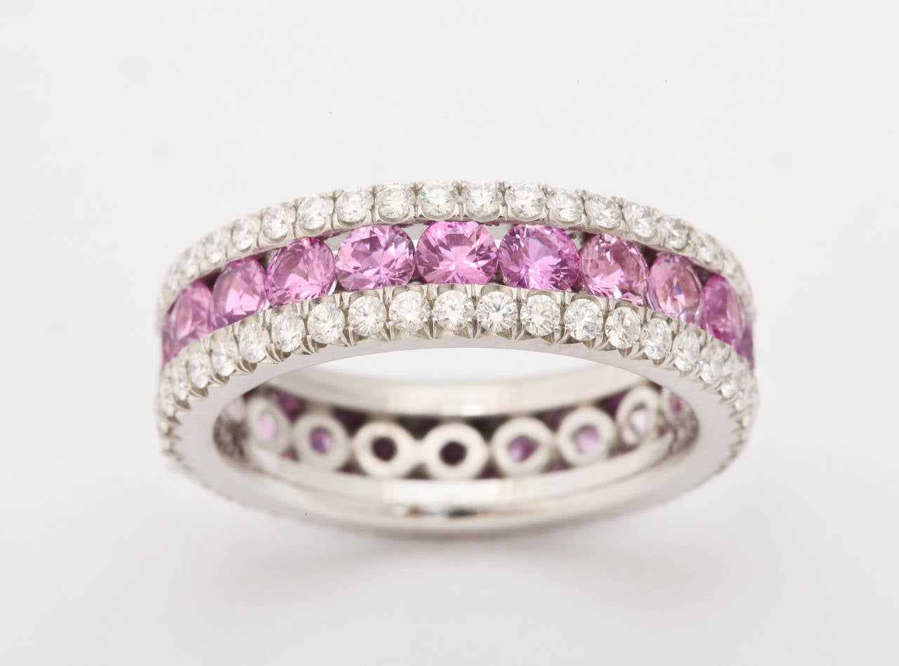 Pink Sapphire Diamond Platinum Eternity Band Ring In New Condition In Bal Harbour, FL