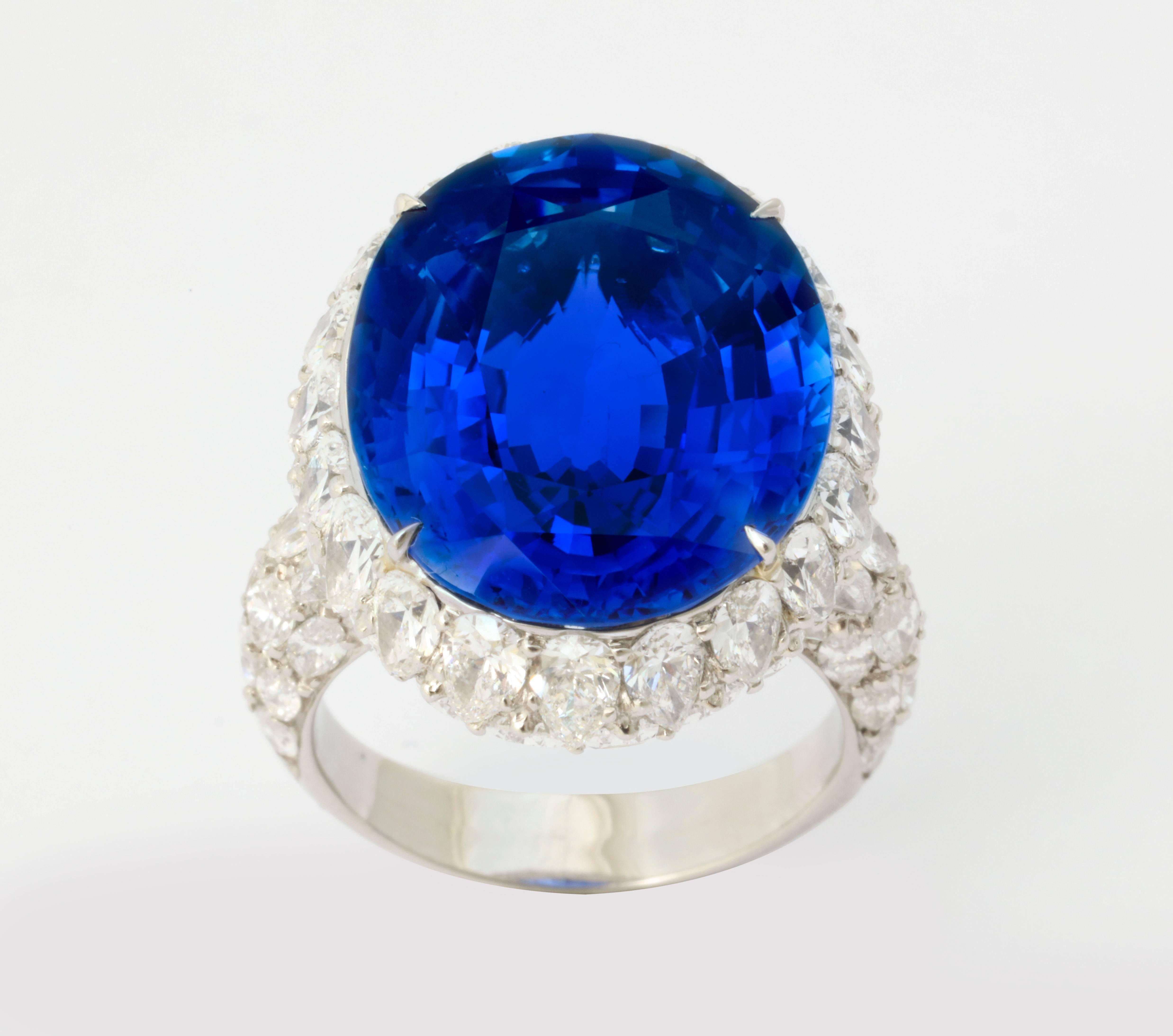 This exquisite ring features one of the finest Ceylon sapphires that you will ever see.  The stone weighs 20.13 carats and is certified by both the GRS and the AIGS to be of Ceylon (Sri Lanka) origin and without heat treatment.  The cut is a