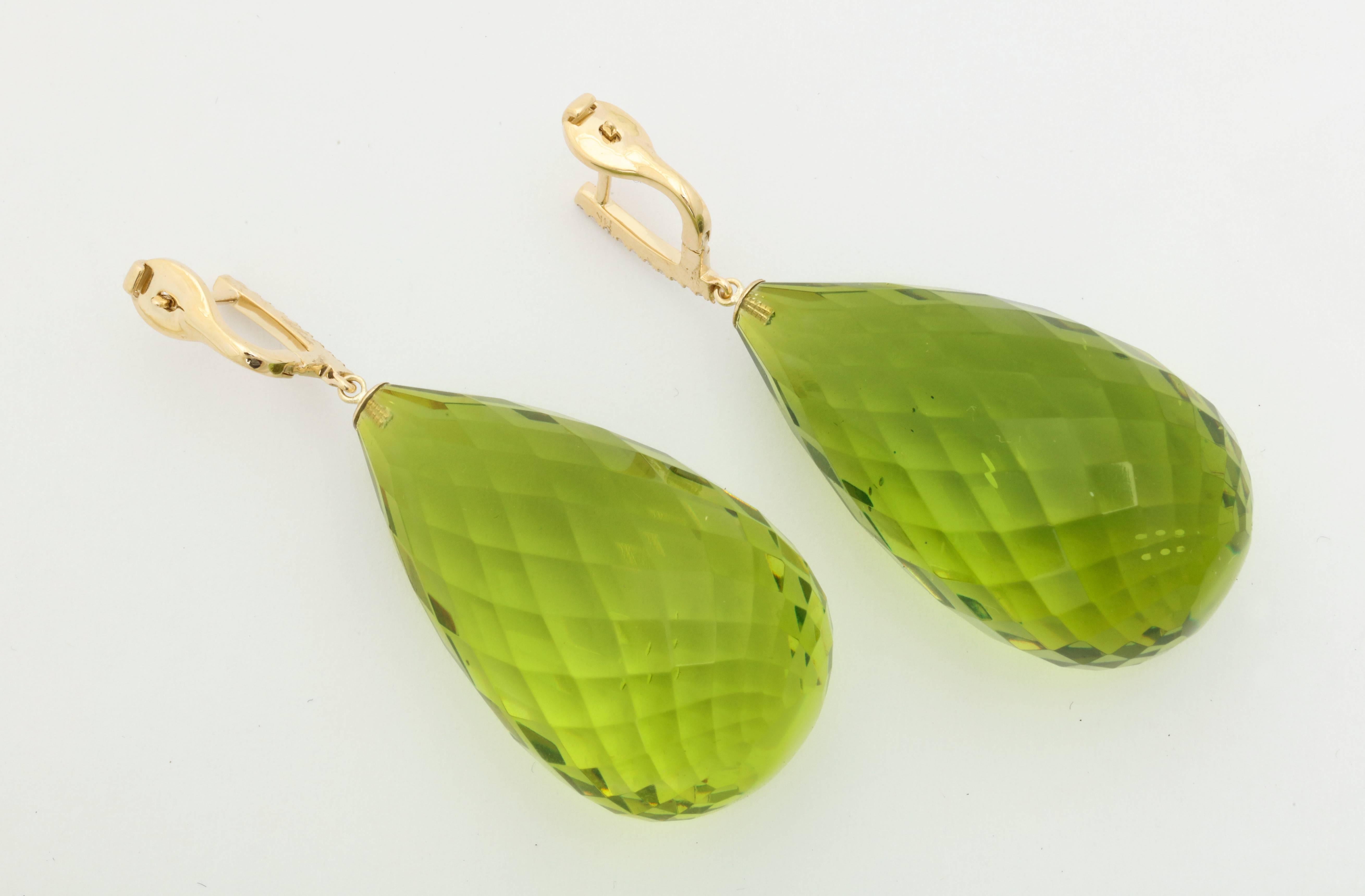 Faceted Green Amber Diamond Gold Drop Earrings 1
