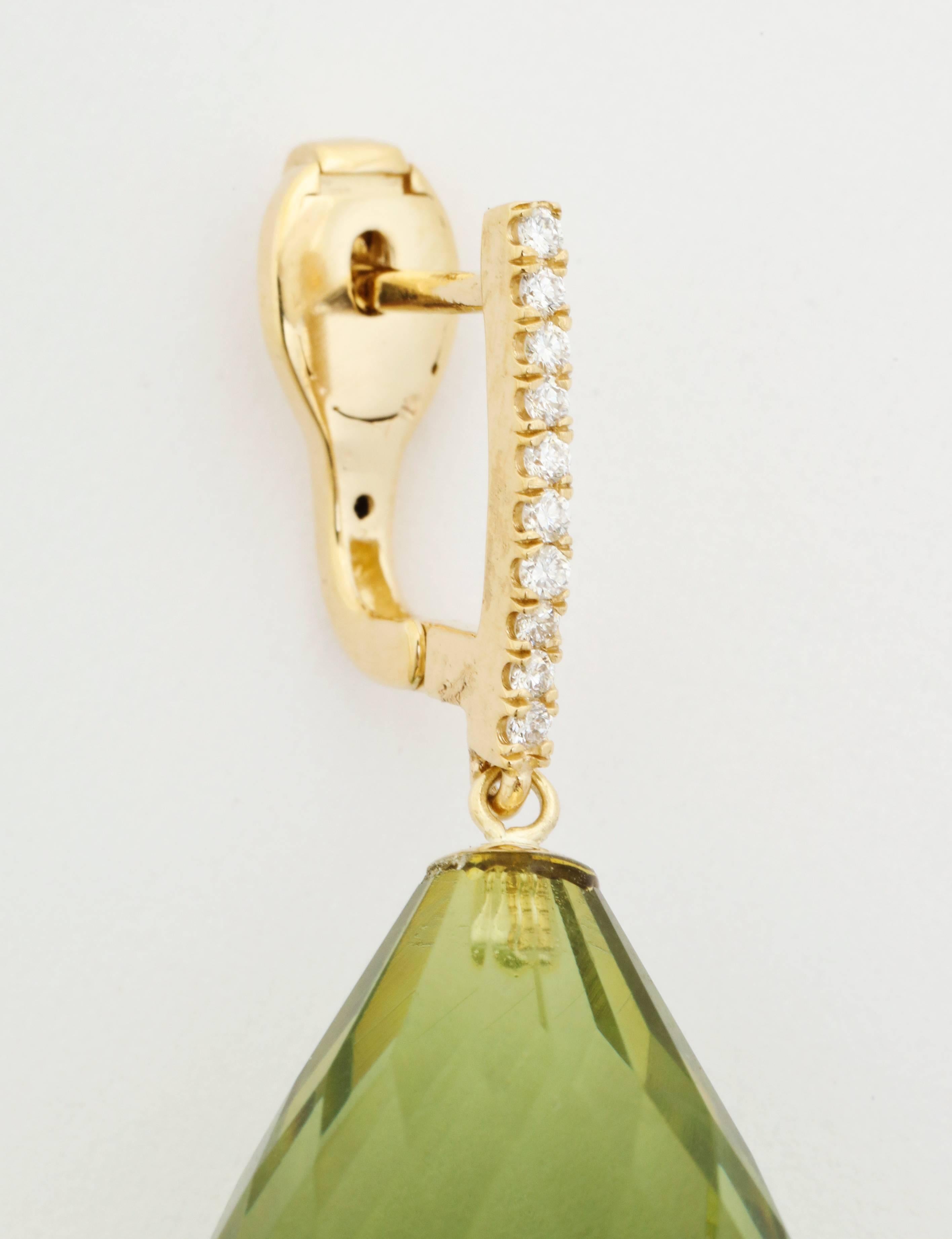 Women's Faceted Green Amber Diamond Gold Drop Earrings