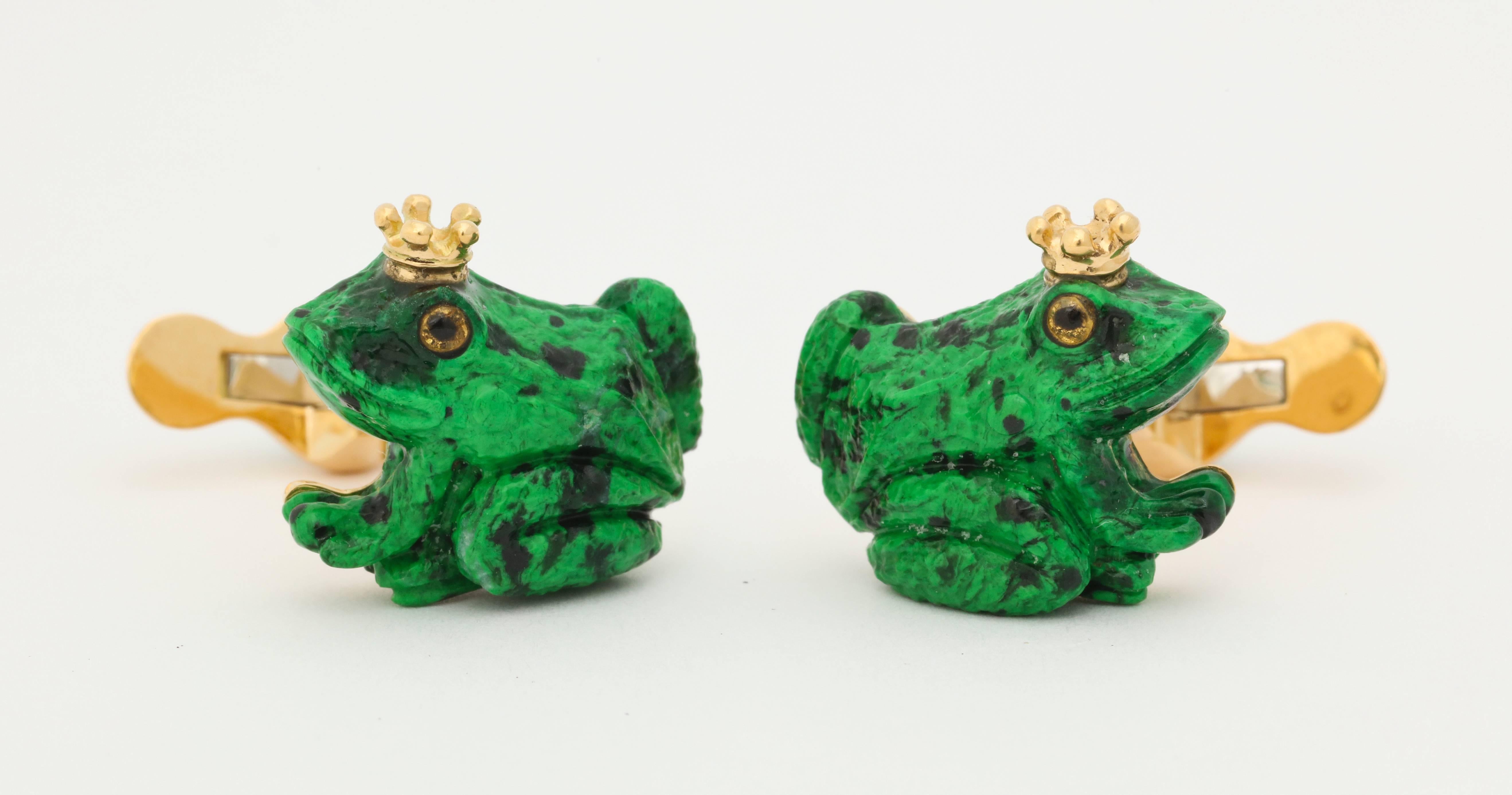 Expertly carved from maw-sit-sit jade, this regal frog wears an 18kt gold crown.  Other details include rock crystal and enamel eyes and matching jade cabochons set into the spring backs.  Elegant at first glance and discretely amusing upon further