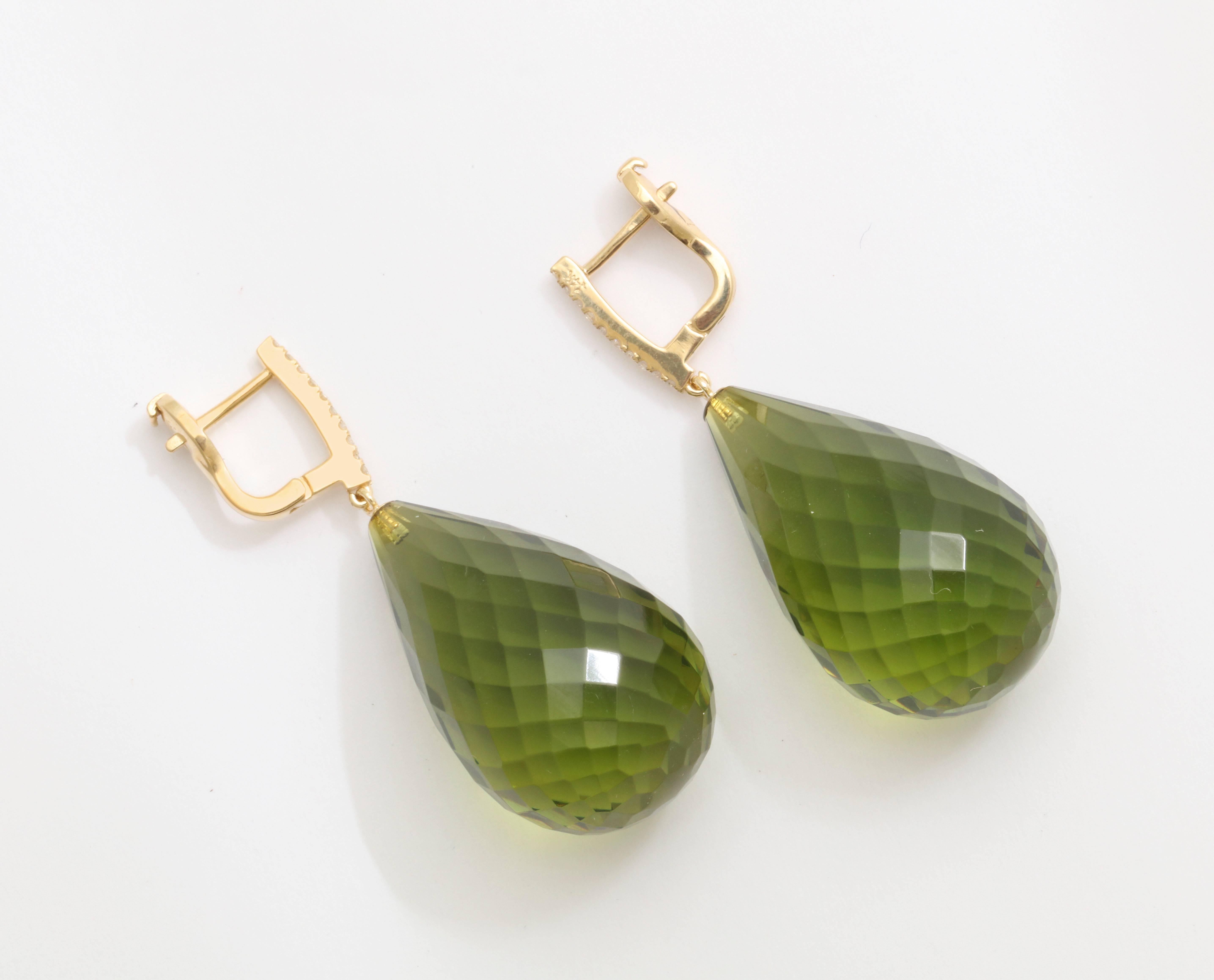 Modern Green Amber Briolette Diamond Gold Drop Earrings