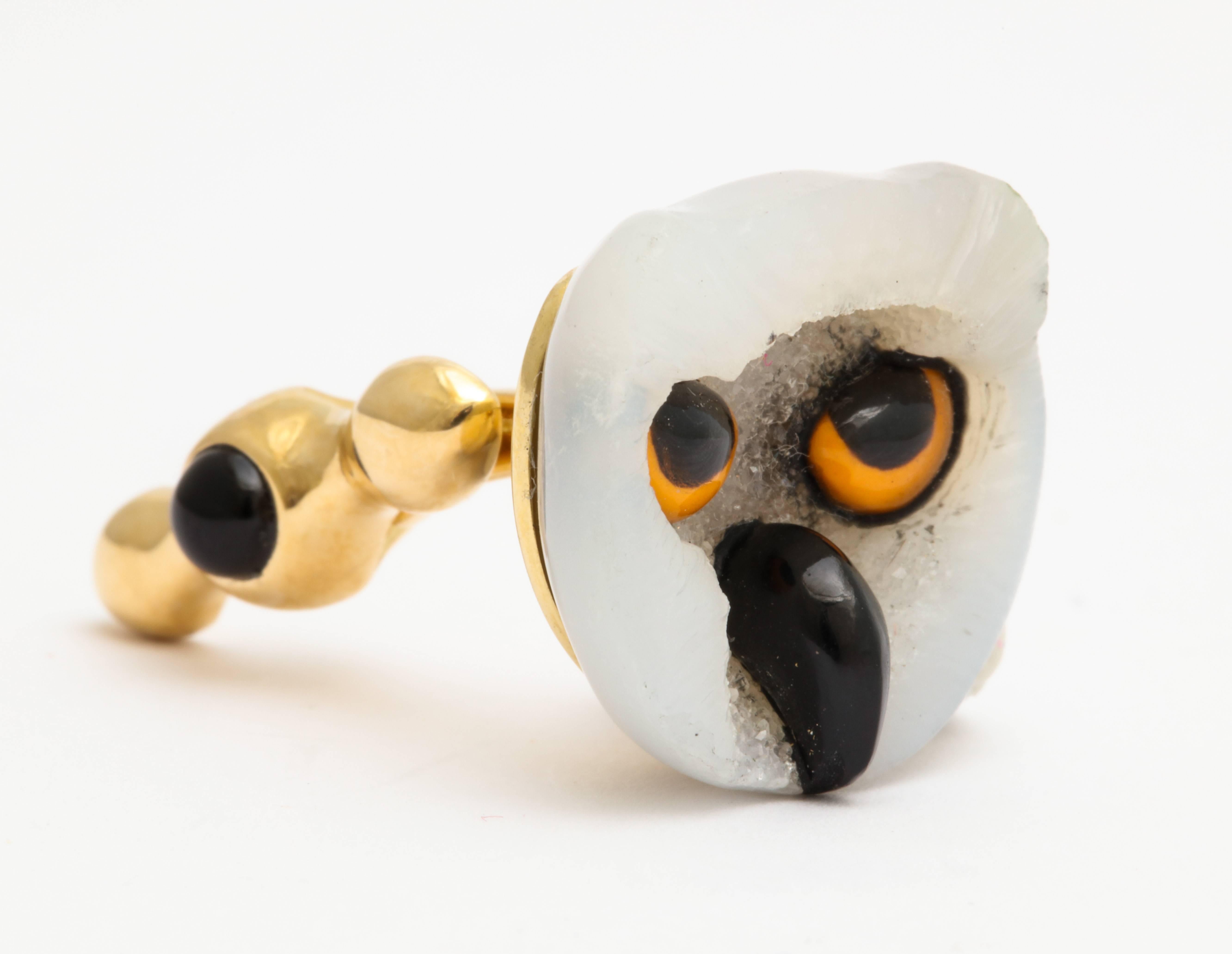 Michael Kanners Gold and White Agate Owl Cufflinks 3