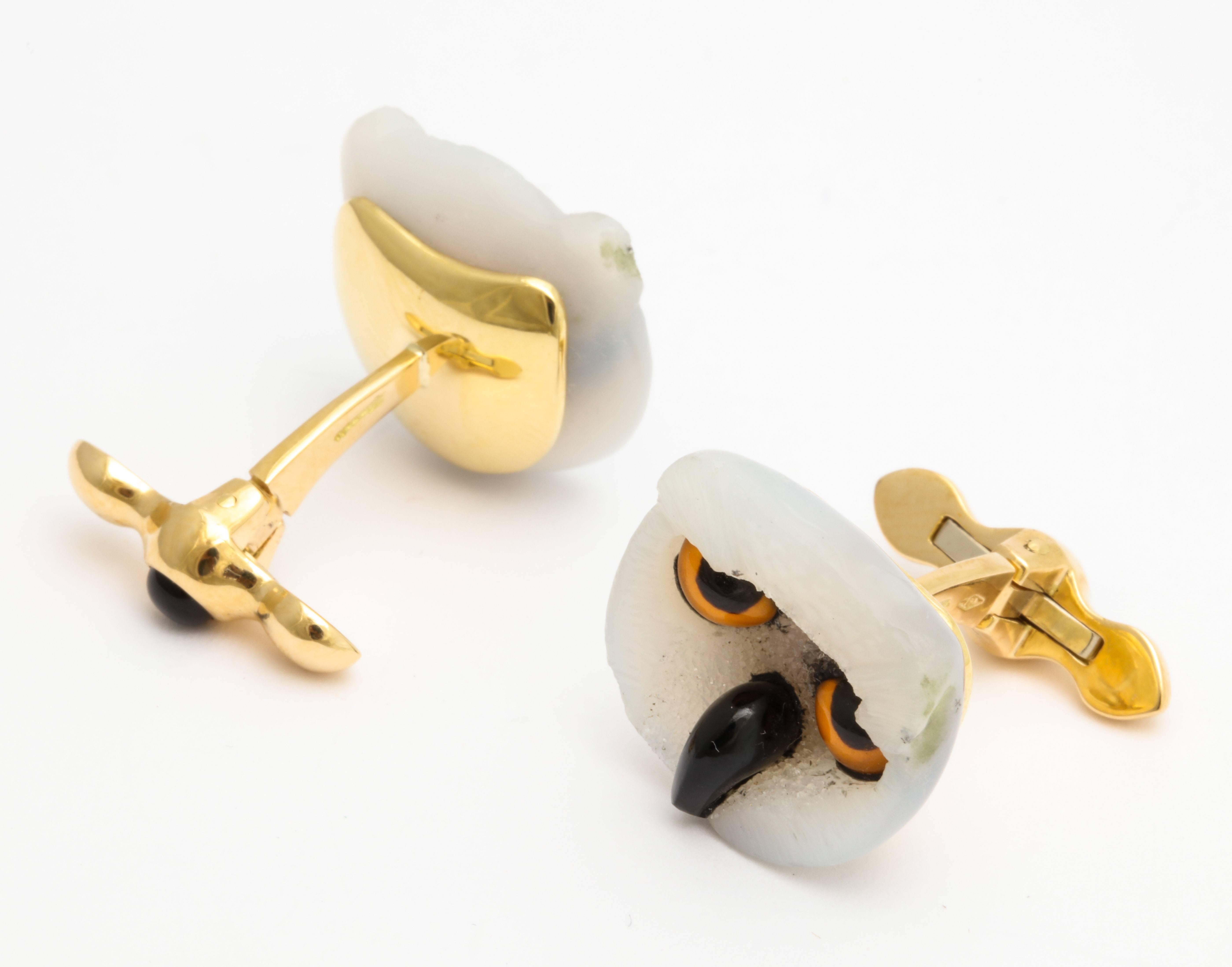 Michael Kanners Gold and White Agate Owl Cufflinks 4