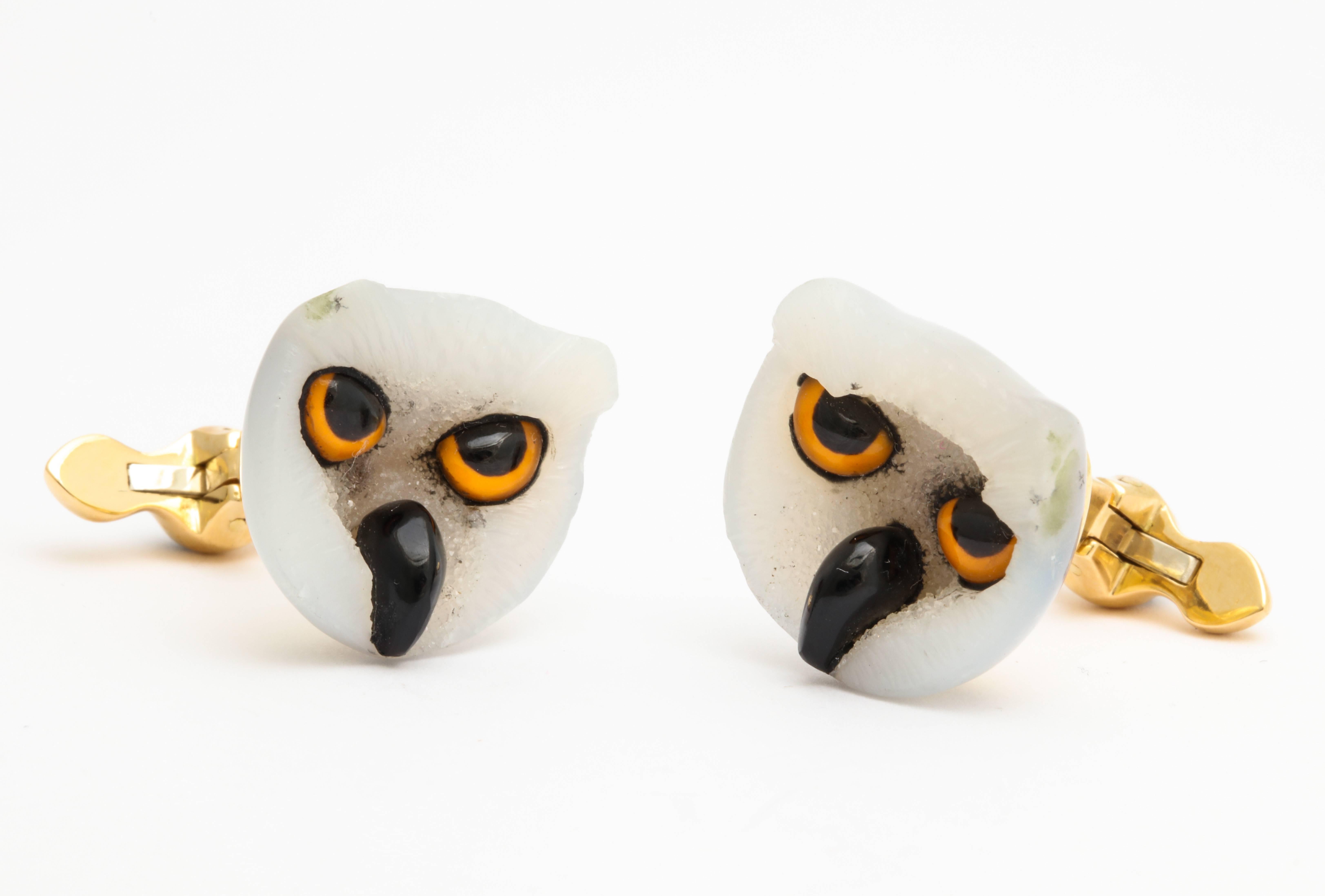 Michael Kanners Gold and White Agate Owl Cufflinks 2