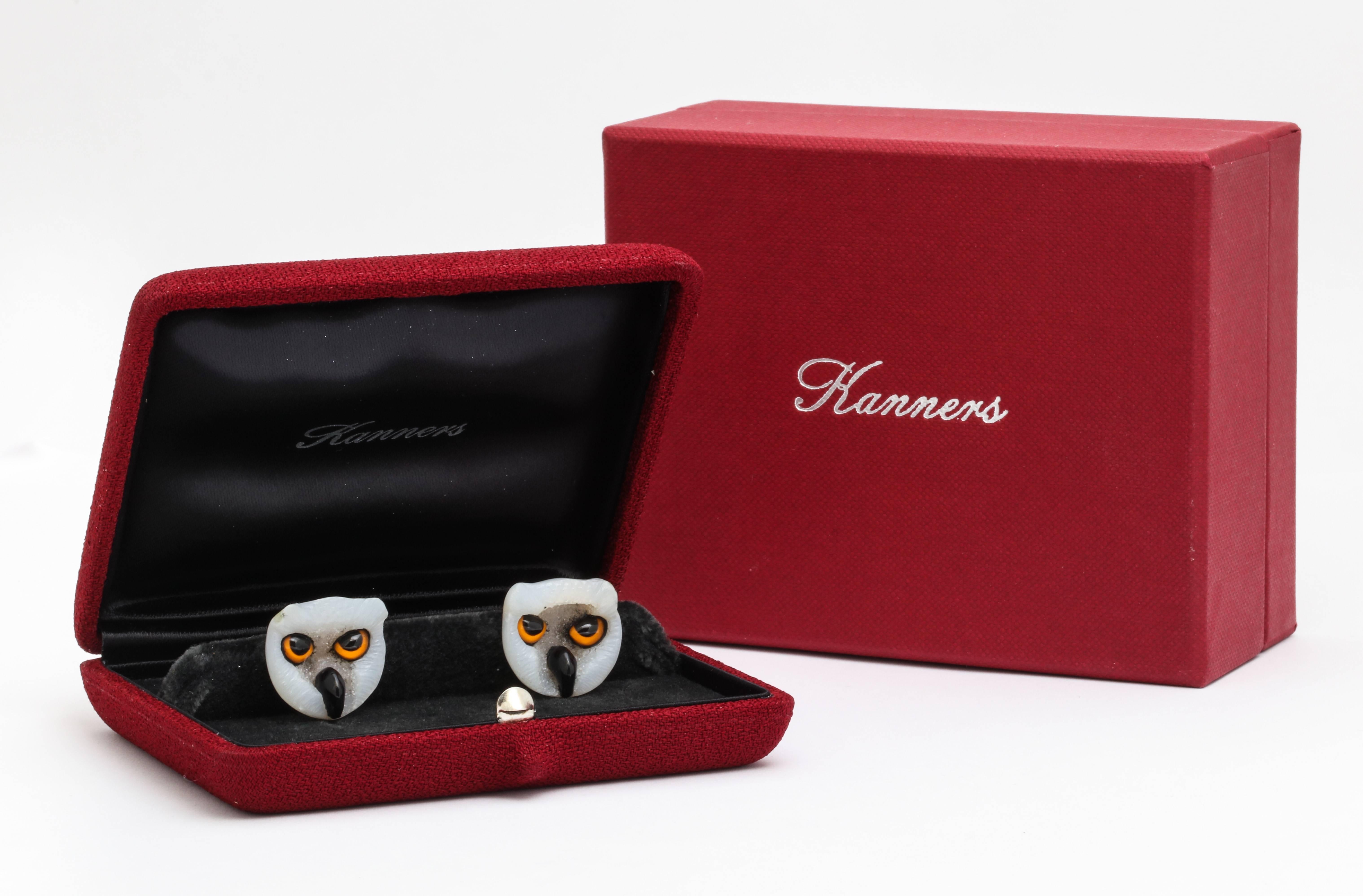 Women's or Men's Michael Kanners Gold and White Agate Owl Cufflinks