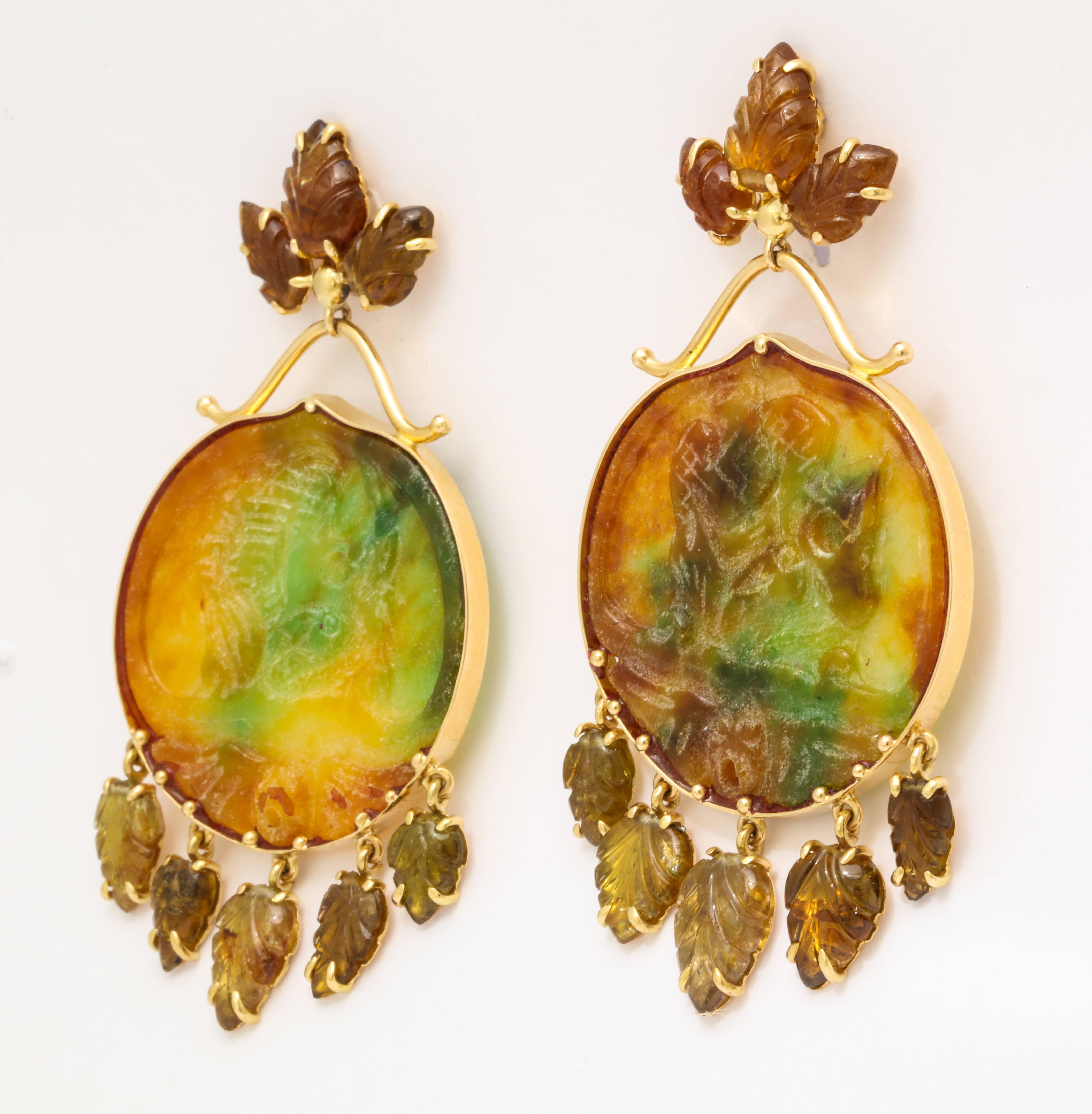 Marilyn Cooperman Carved Jade and brown Topaz Earclips In New Condition In Bal Harbour, FL