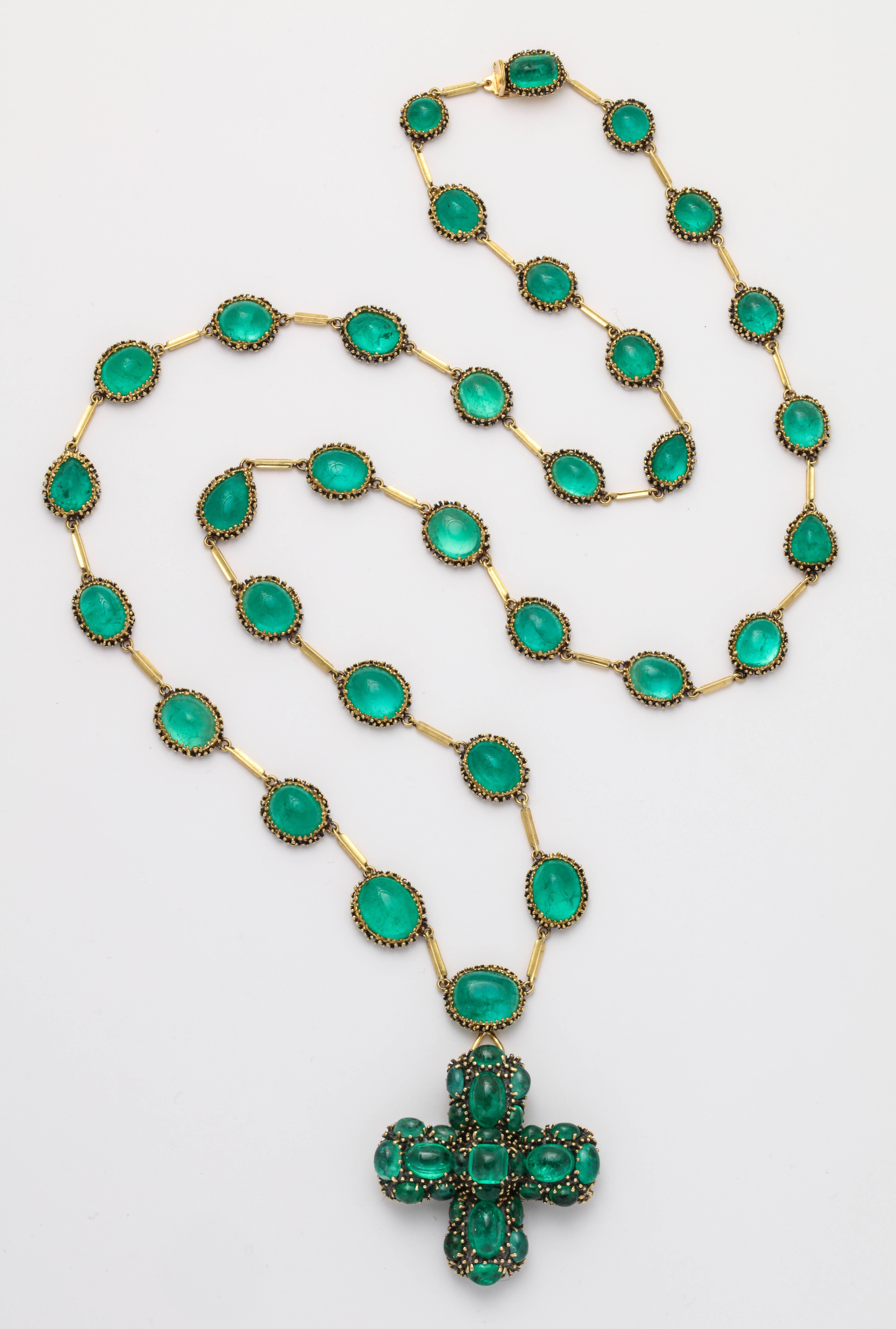This incredible designer never ceases to amaze with her one of a kind designs.  The necklace is made of 18kt yellow gold and patinated silver (her signature look) and set with over 50 carats of bright, green cabochon emeralds.  The detachable