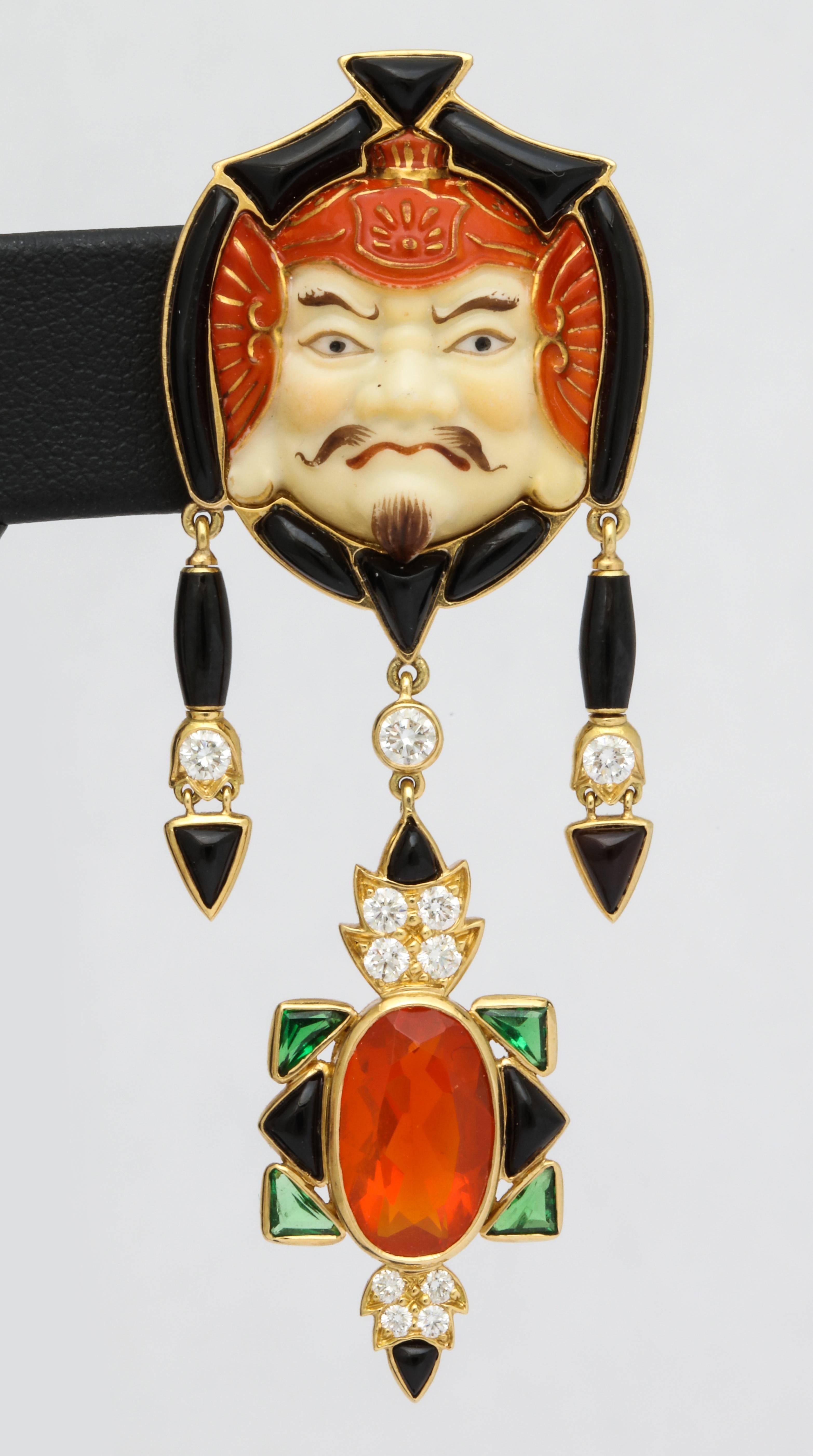 A one of a kind mixture of old and new, Cooperman never fails to create a truly special design.  The Japanese masks depict Bishamonten, who is one of The Seven Immortal Gods of Fortune- specifically The God of Dignity.  He is known as the protector