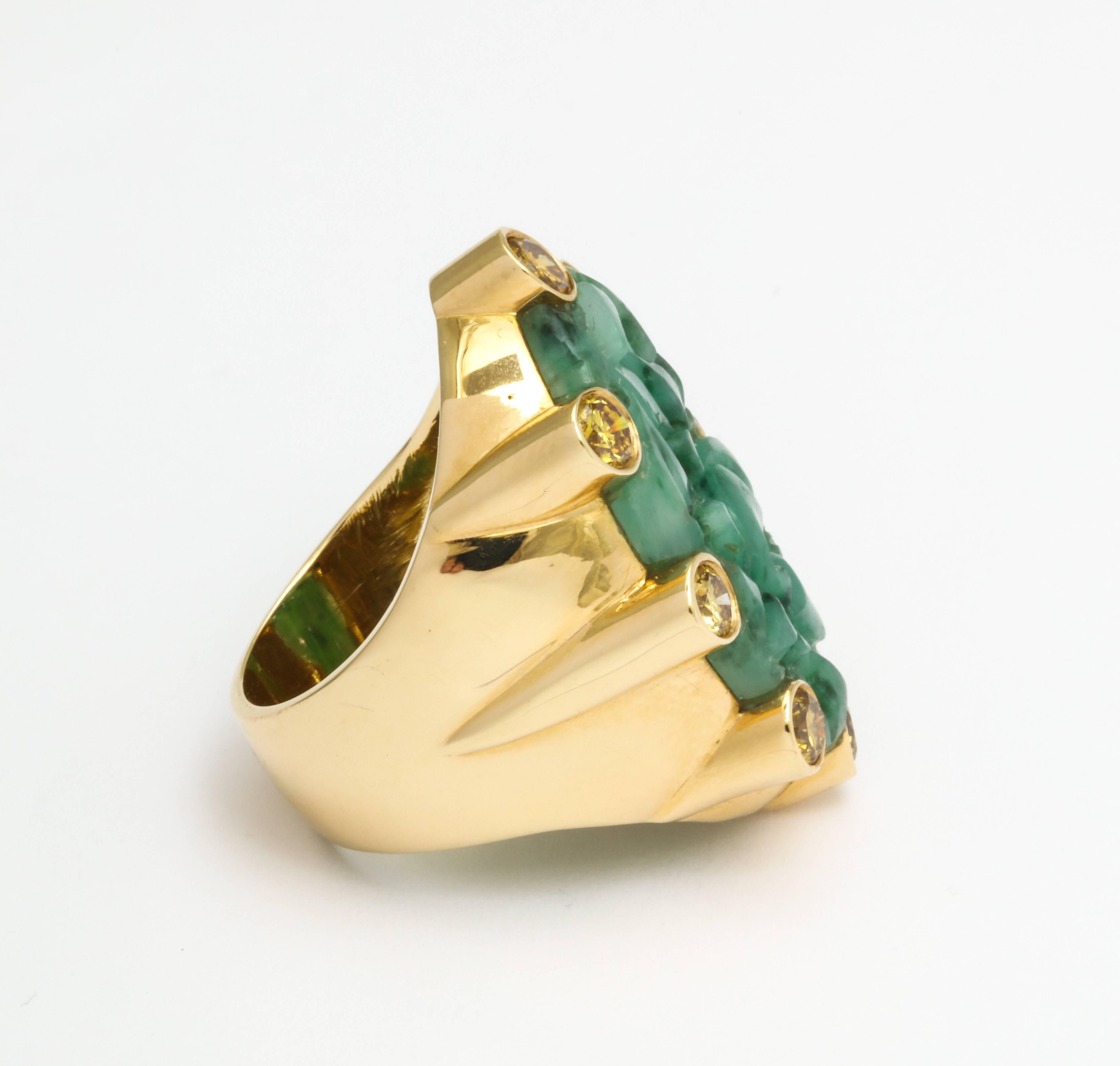 Marilyn Cooperman Gold Carved Jade and Yellow Diamond Ring 2