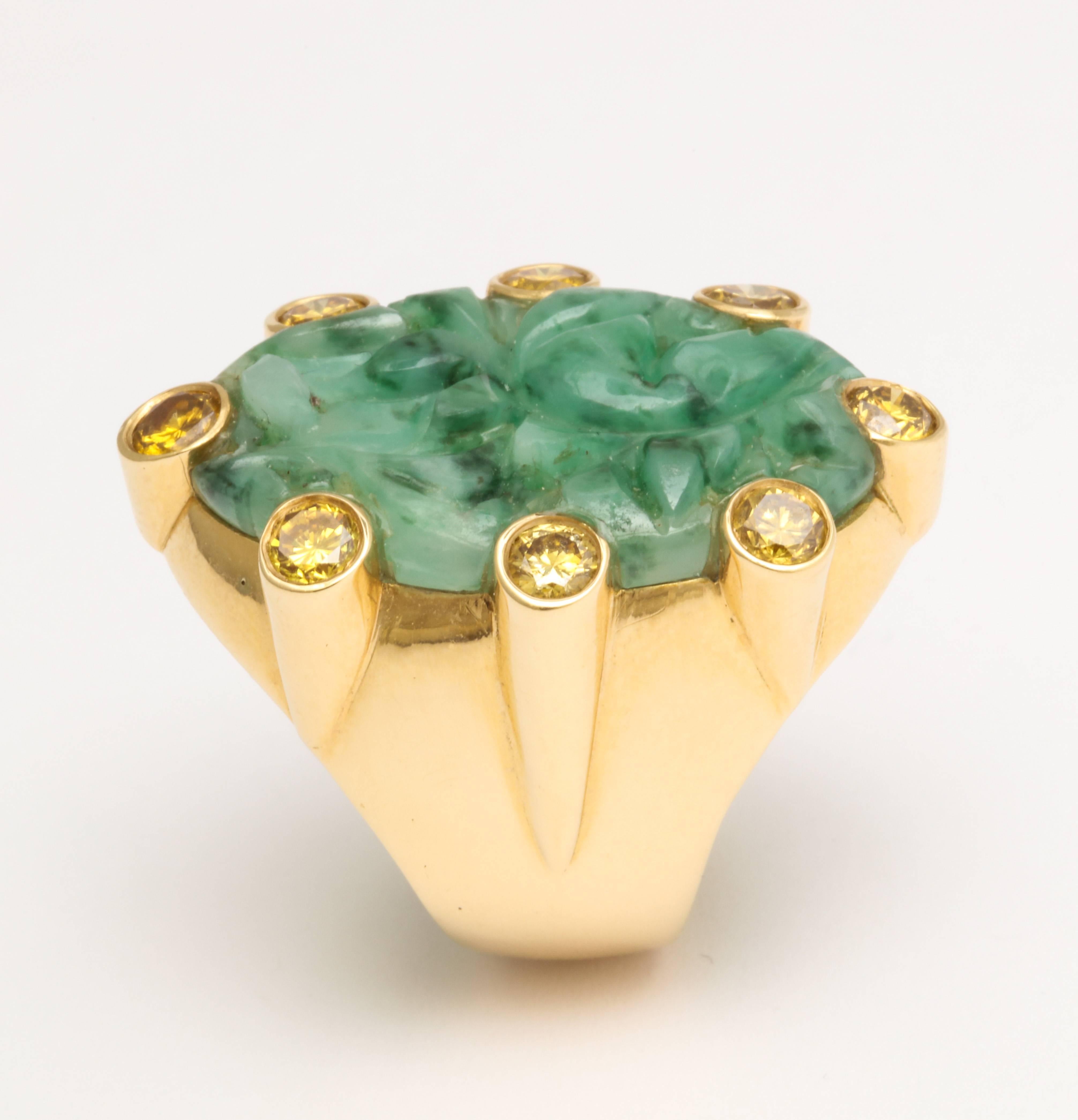 Women's Marilyn Cooperman Gold Carved Jade and Yellow Diamond Ring